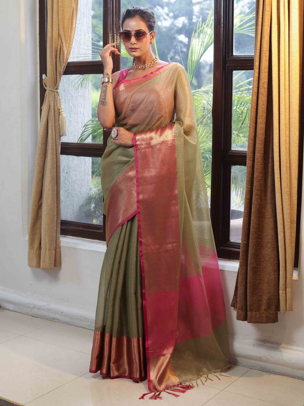Banarasee Handloom Tissue Saree With Contrast Tanchoi Border-Green & Pink
