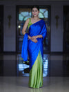 Banarasee Handloom Satin Hand Dyed Saree With Mirror Work-Blue & Green