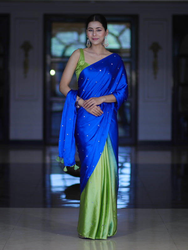 Banarasee Handloom Satin Hand Dyed Saree With Mirror Work-Blue & Green