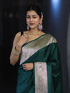 Banarasee Handwoven Plain Semi Katan Saree With Broad Zari Border-Deep Green