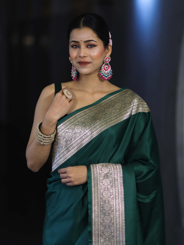 Banarasee Handwoven Plain Semi Katan Saree With Broad Zari Border-Deep Green