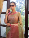 Banarasee Handloom Tissue Saree With Contrast Tanchoi Border-Green & Pink