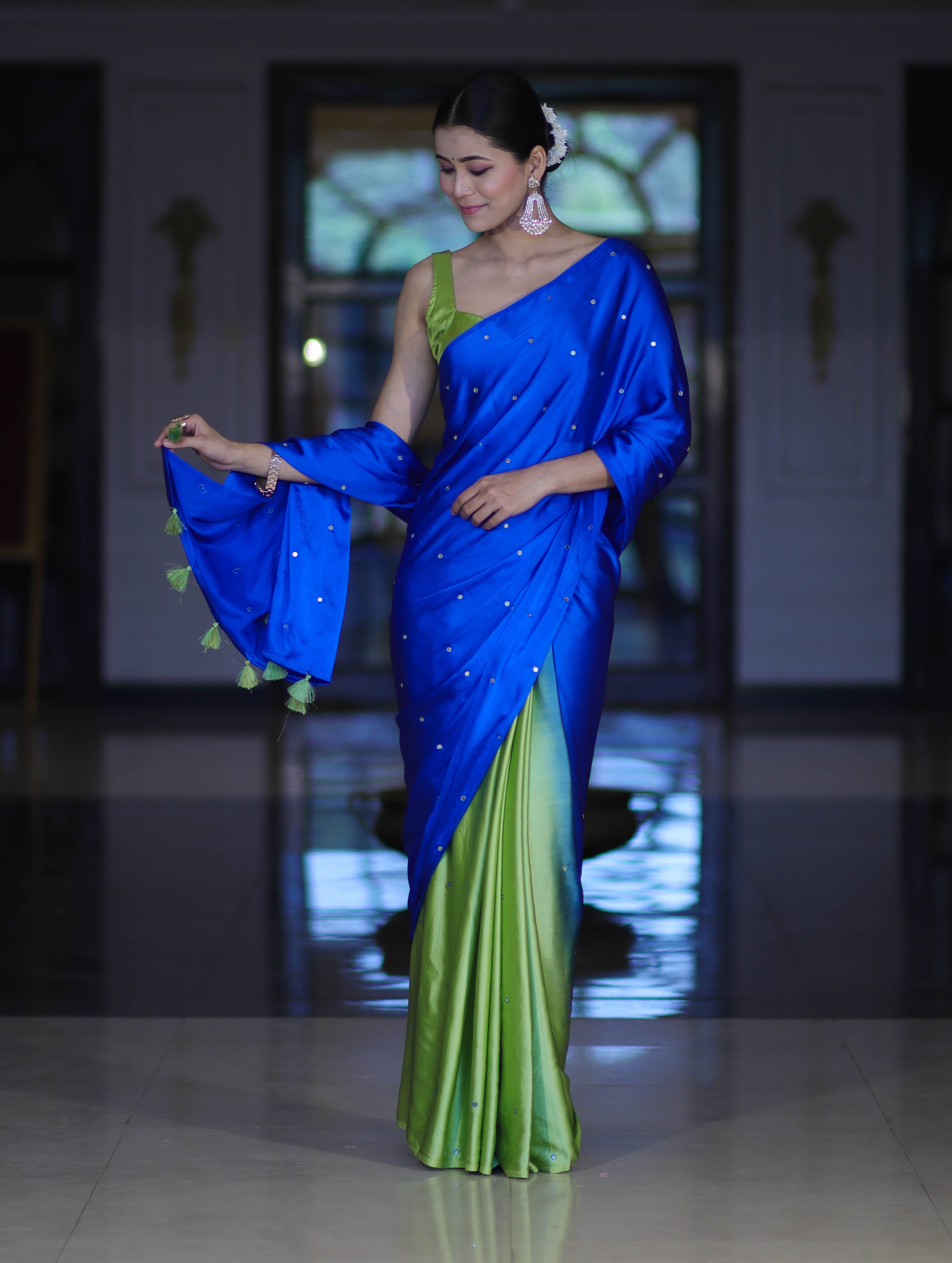 Banarasee Handloom Satin Hand Dyed Saree With Mirror Work-Blue & Green