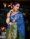 Banarasee Handloom Dual Color Cotton Silk Saree With Floral Zari Border & Lace-Blue & Green