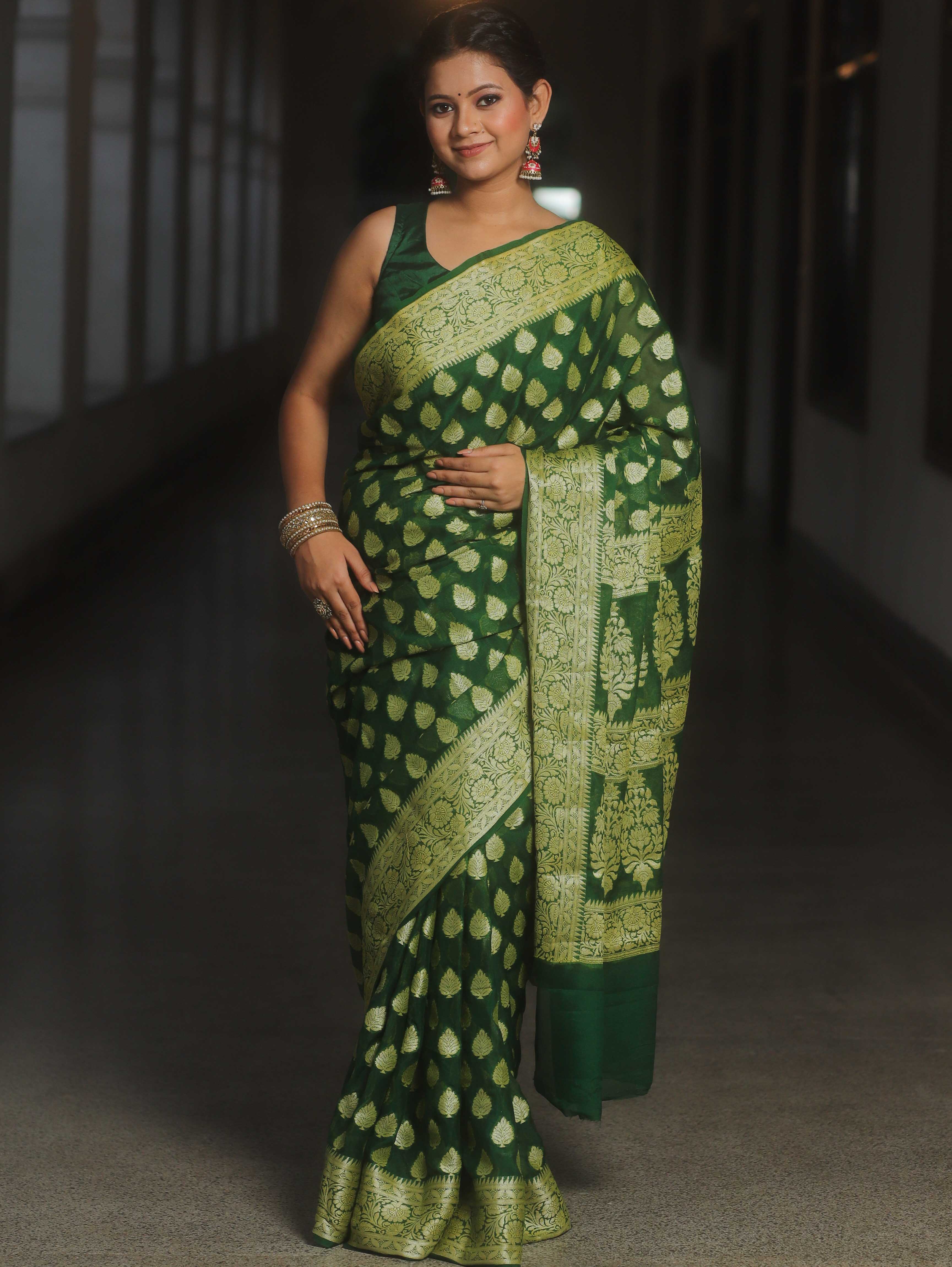 Banarasee Pure Chiffon Saree With Resham Zari Work-Green