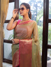 Banarasee Handloom Tissue Saree With Contrast Tanchoi Border-Green & Pink