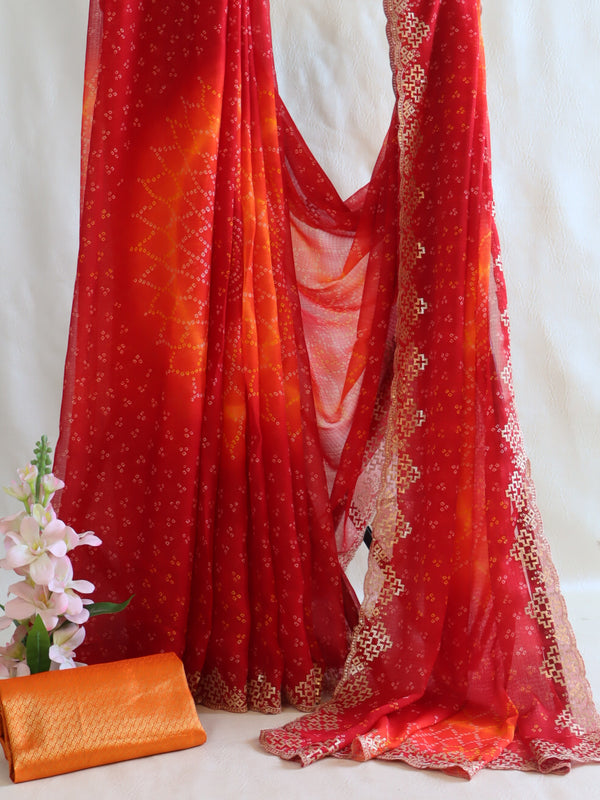 Banarasee Chiffon Bandhani Print Saree & Hand Work With Contrast Blouse-Red