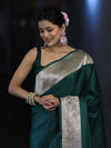 Banarasee Handwoven Plain Semi Katan Saree With Broad Zari Border-Deep Green