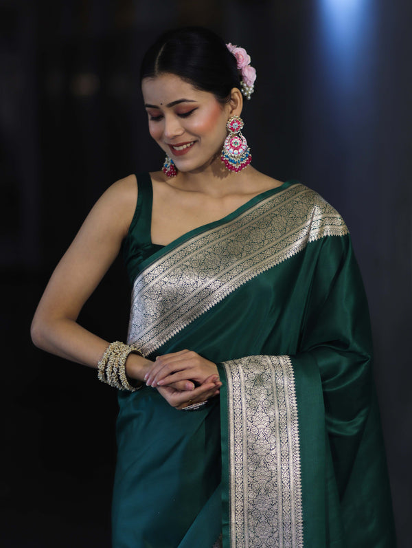 Banarasee Handwoven Plain Semi Katan Saree With Broad Zari Border-Deep Green