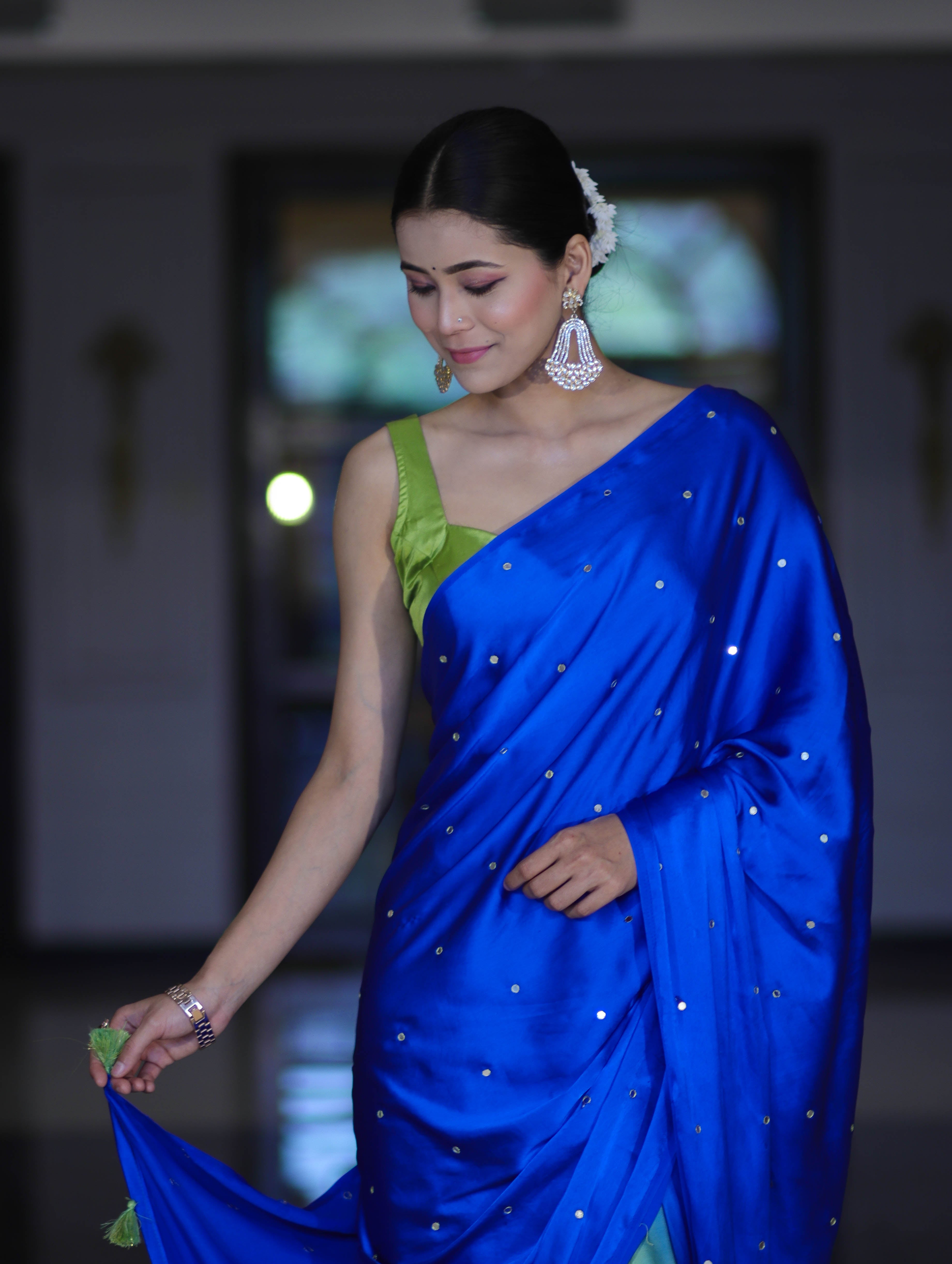 Banarasee Handloom Satin Hand Dyed Saree With Mirror Work-Blue & Green