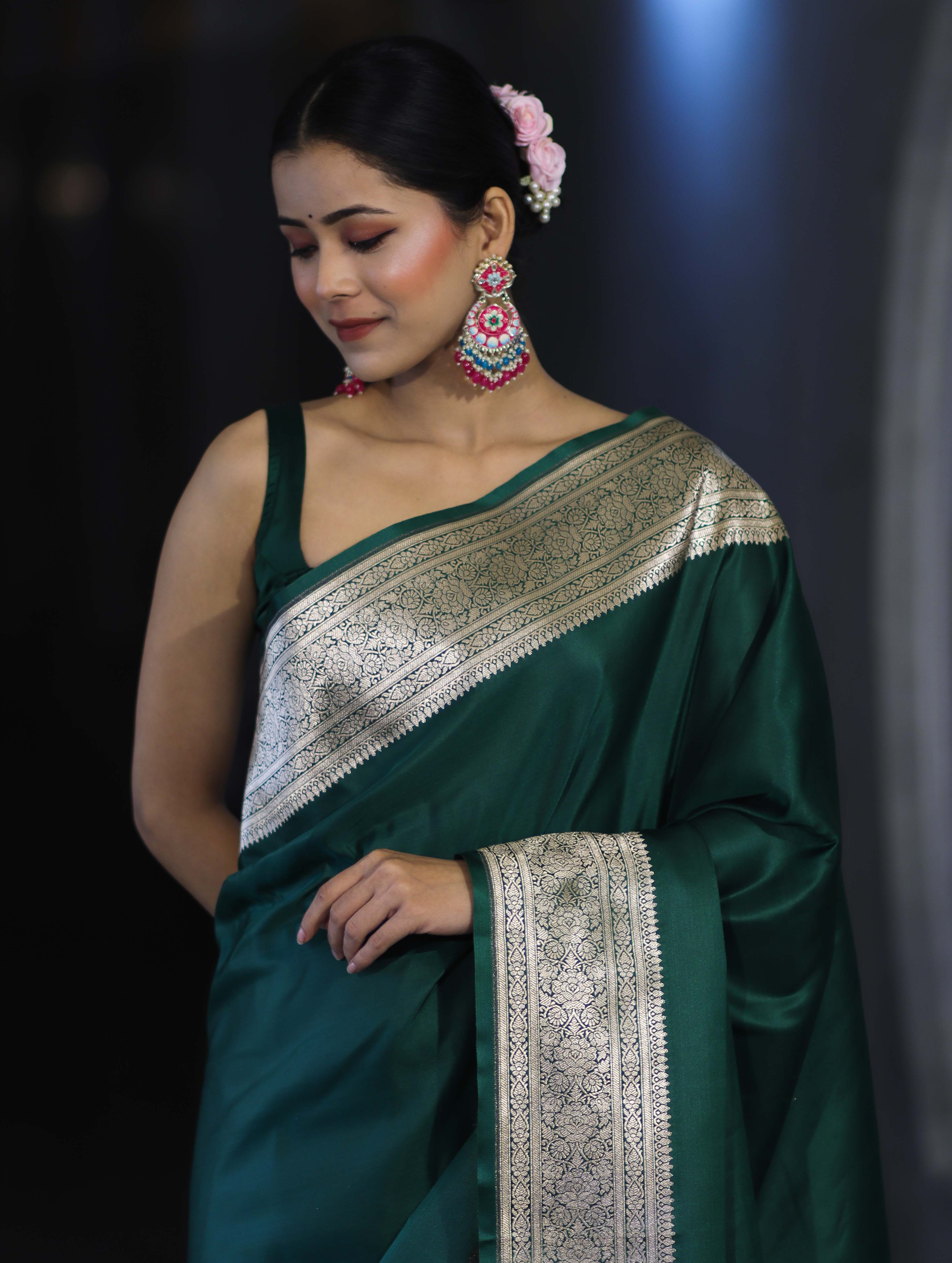 Banarasee Handwoven Plain Semi Katan Saree With Broad Zari Border-Deep Green