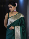 Banarasee Handwoven Plain Semi Katan Saree With Broad Zari Border-Deep Green