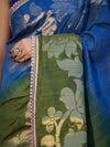 Banarasee Handloom Dual Color Cotton Silk Saree With Floral Zari Border & Lace-Blue & Green
