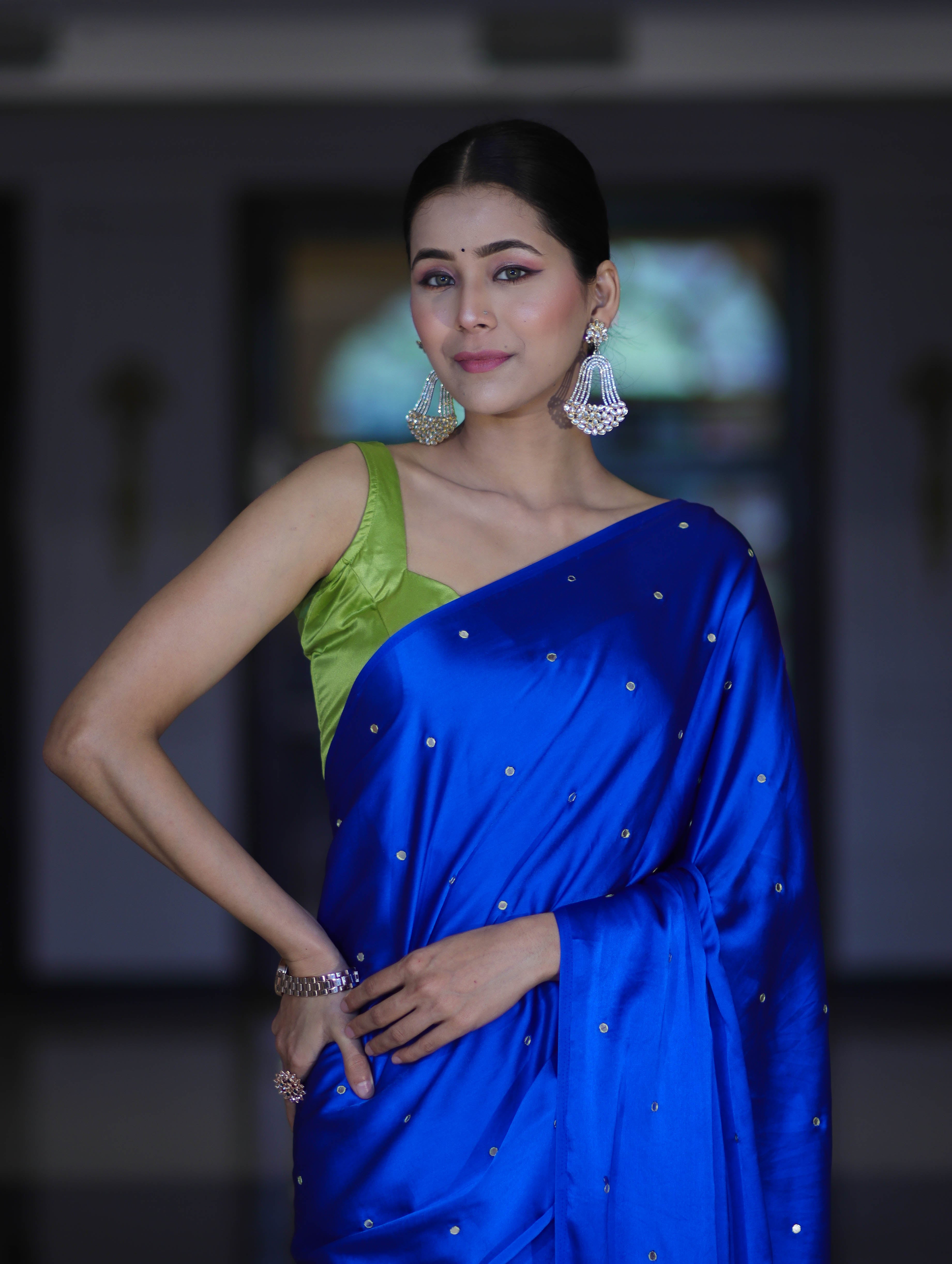 Banarasee Handloom Satin Hand Dyed Saree With Mirror Work-Blue & Green