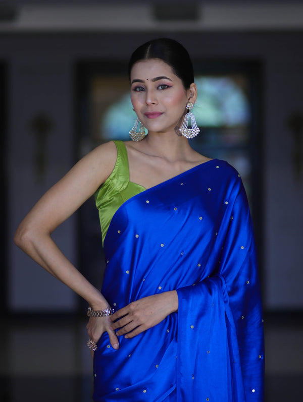 Banarasee Handloom Satin Hand Dyed Saree With Mirror Work-Blue & Green