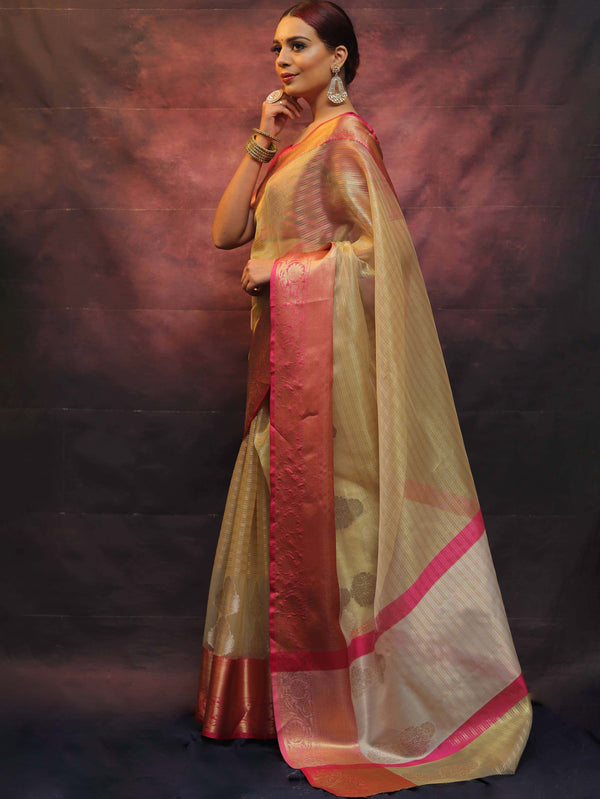 Banarasee Contrast Border Big Buta Tissue Saree-Gold & Pink