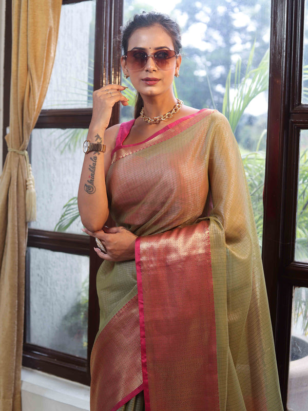 Banarasee Handloom Tissue Saree With Contrast Tanchoi Border-Green & Pink