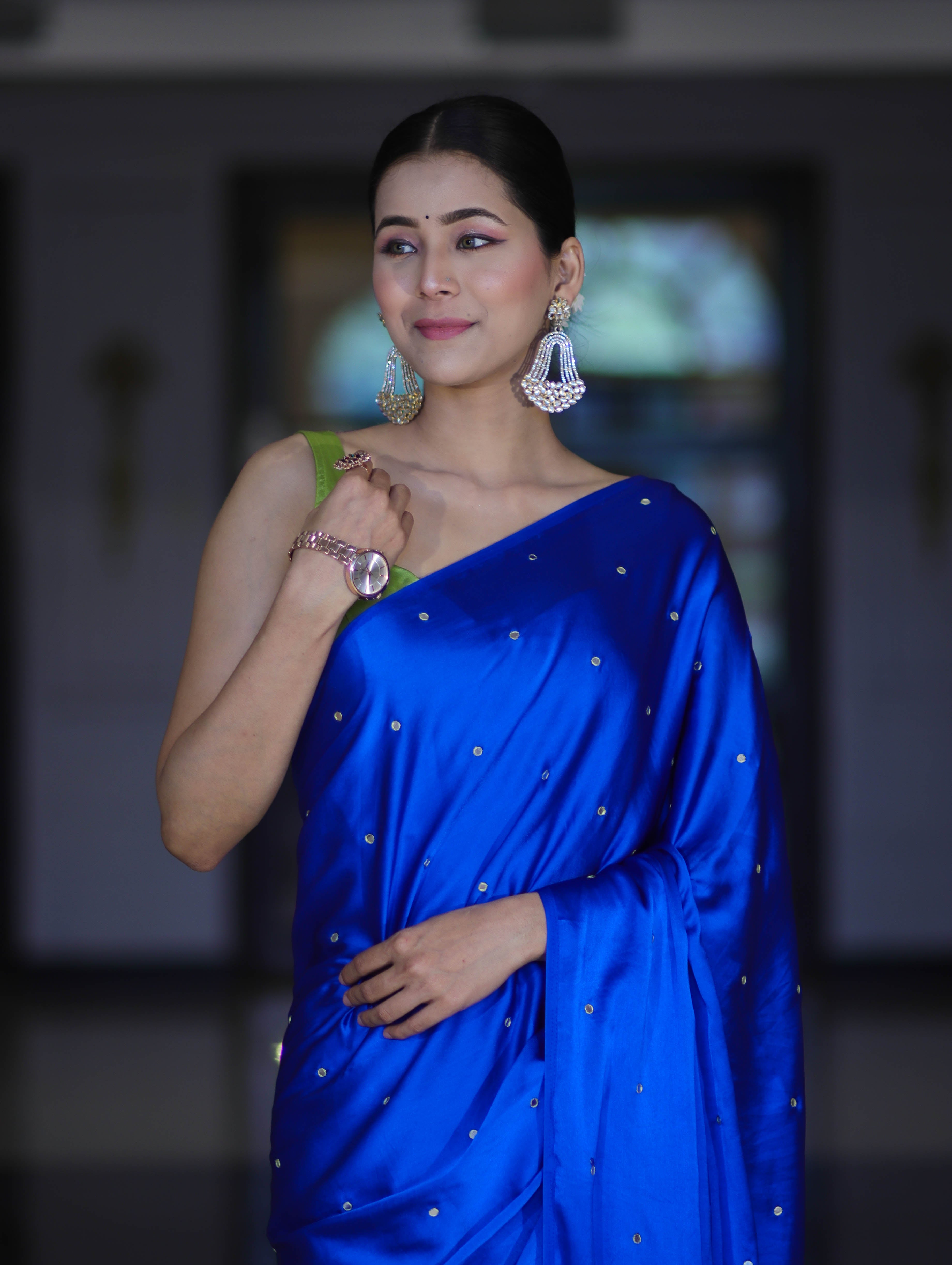 Banarasee Handloom Satin Hand Dyed Saree With Mirror Work-Blue & Green