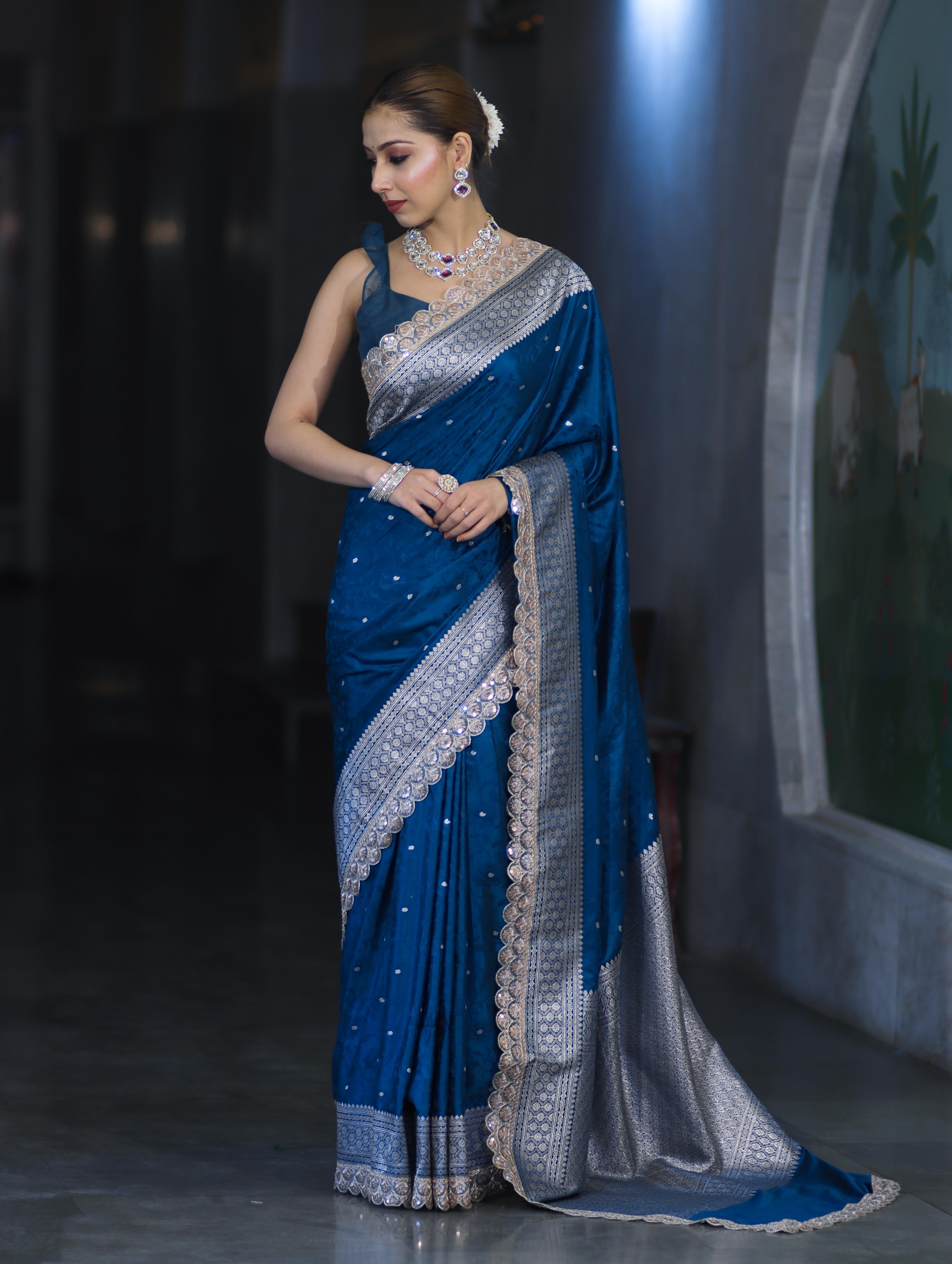 Banarasee Handloom Mashru Silk Saree With Buti Design Zari Border & Lace-Teal Blue