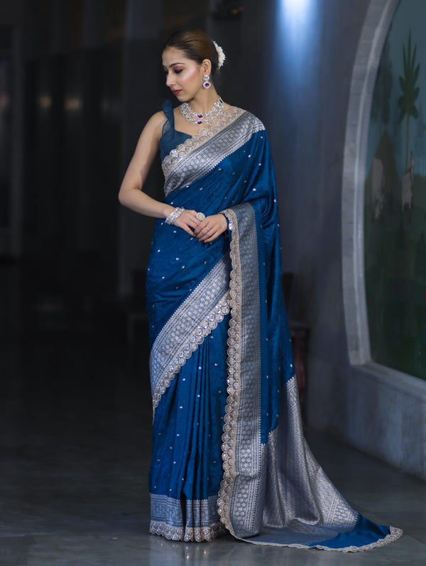Banarasee Handloom Mashru Silk Saree With Buti Design Zari Border & Lace-Teal Blue