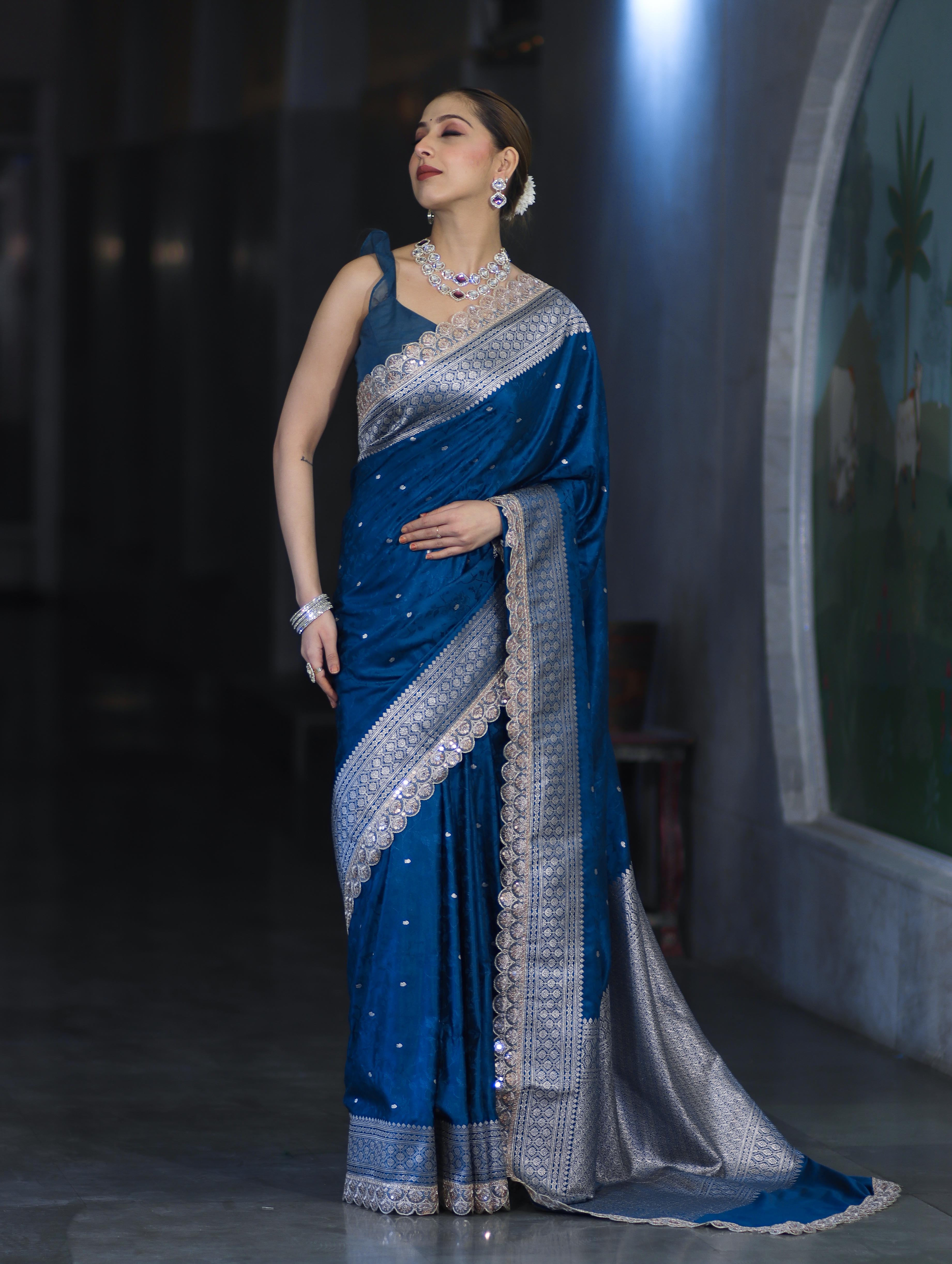 Banarasee Handloom Mashru Silk Saree With Buti Design Zari Border & Lace-Teal Blue