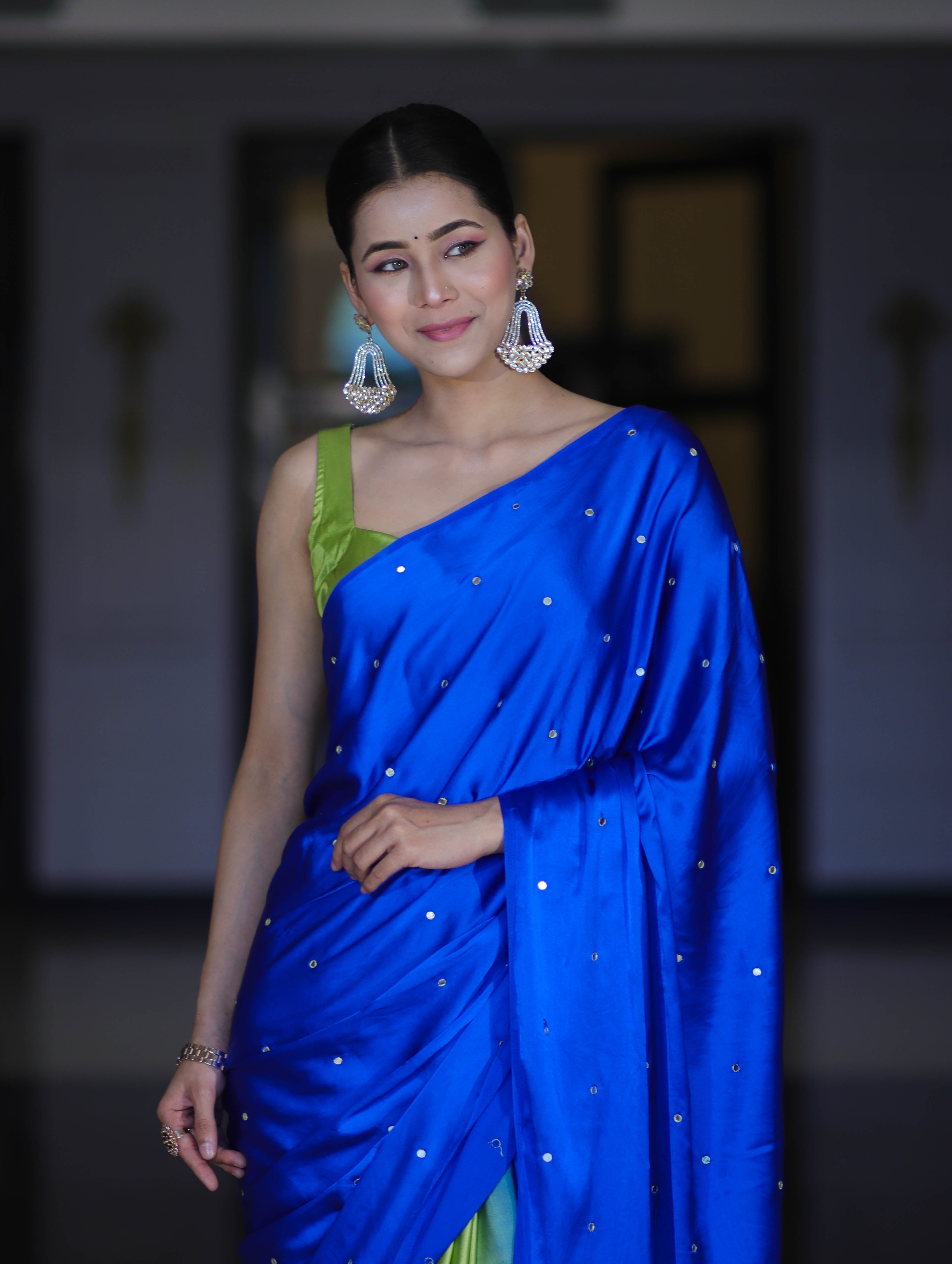 Banarasee Handloom Satin Hand Dyed Saree With Mirror Work-Blue & Green