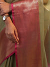 Banarasee Handloom Tissue Saree With Contrast Tanchoi Border-Green & Pink