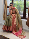 Banarasee Handloom Tissue Saree With Broad Contrast Border-Green & Pink