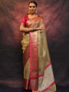 Banarasee Contrast Border Big Buta Tissue Saree-Gold & Pink