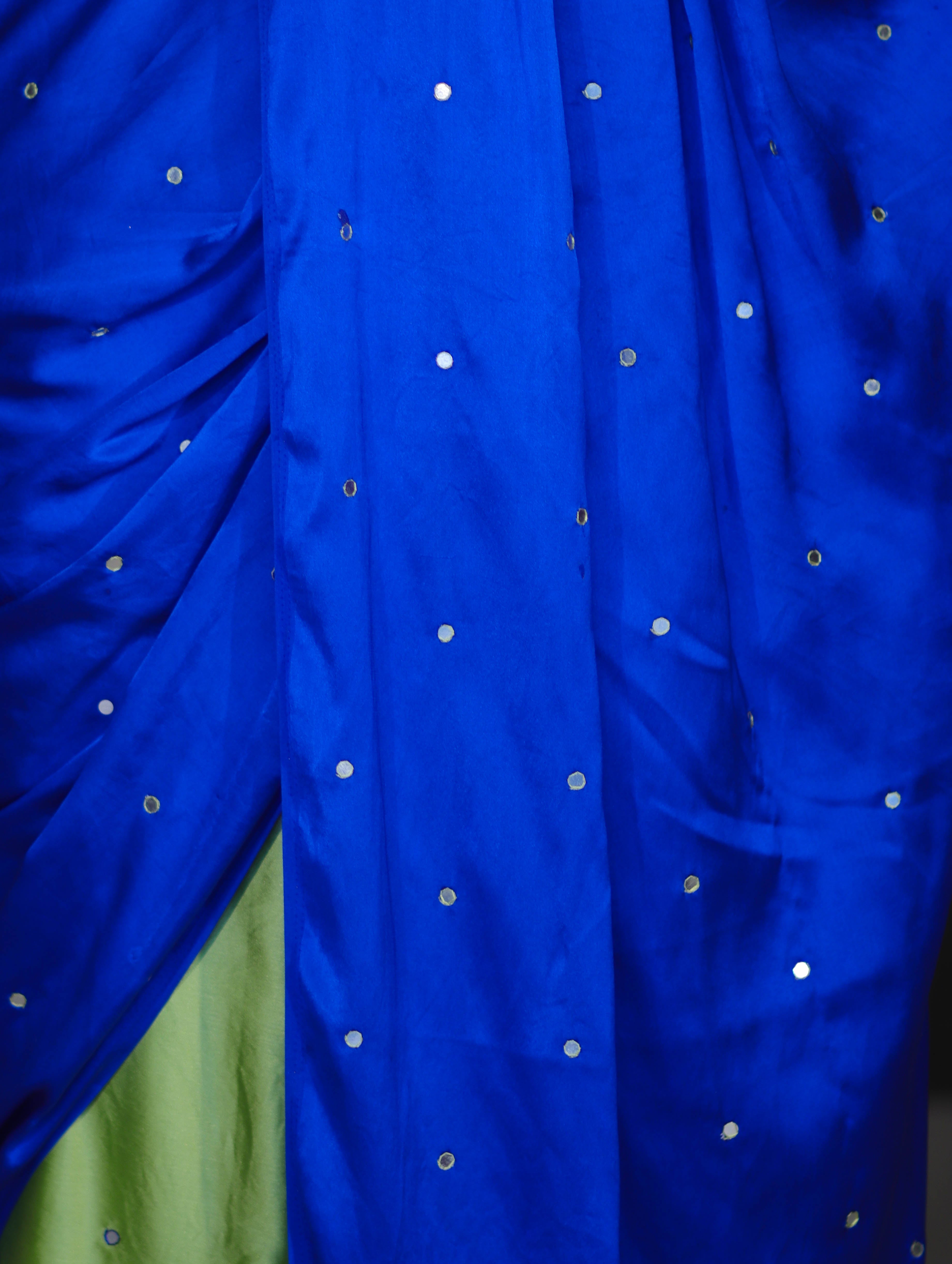 Banarasee Handloom Satin Hand Dyed Saree With Mirror Work-Blue & Green