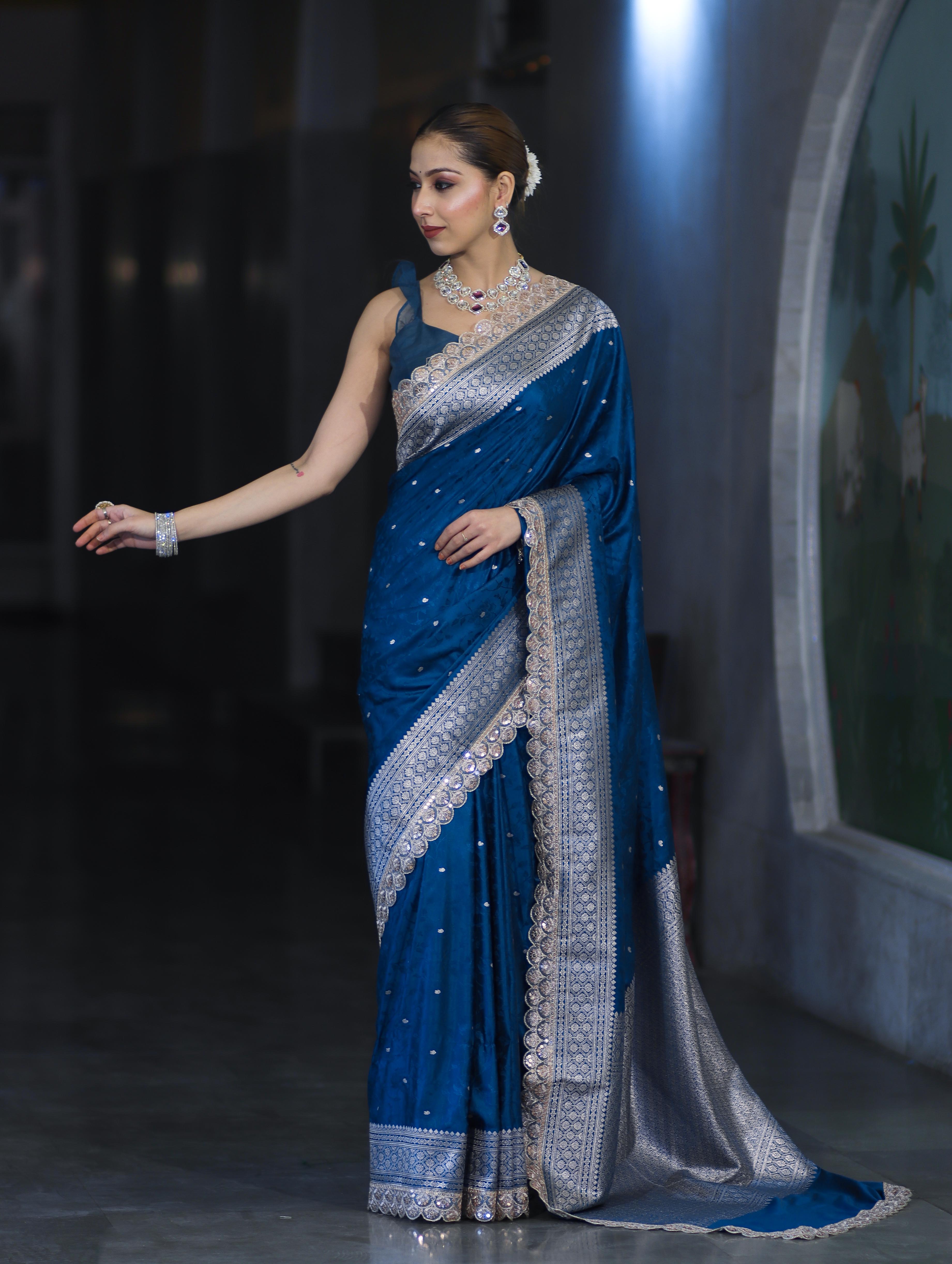 Banarasee Handloom Mashru Silk Saree With Buti Design Zari Border & Lace-Teal Blue