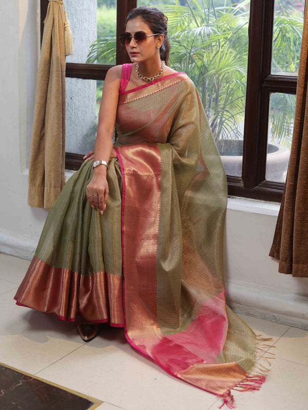 Banarasee Handloom Tissue Saree With Broad Contrast Border-Green & Pink