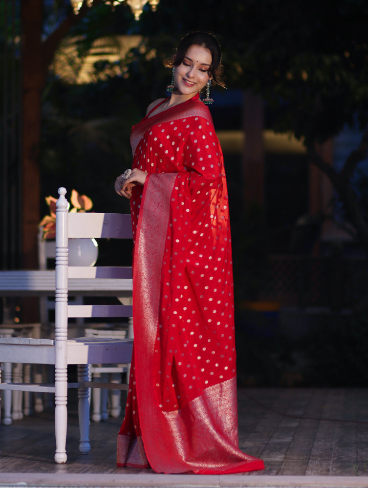 Banarasee Handwoven Chiffon Saree With Polka Dots Design & Border-Red