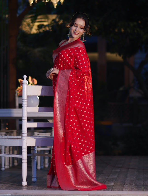 Banarasee Handwoven Chiffon Saree With Polka Dots Design & Border-Red