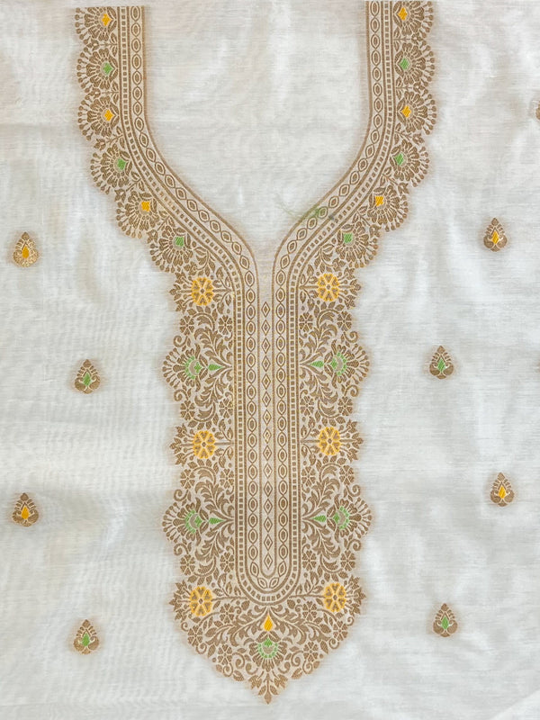 Banarasee Handloom Chanderi Salwar Kameez Fabric With Meena & Zari Design-White