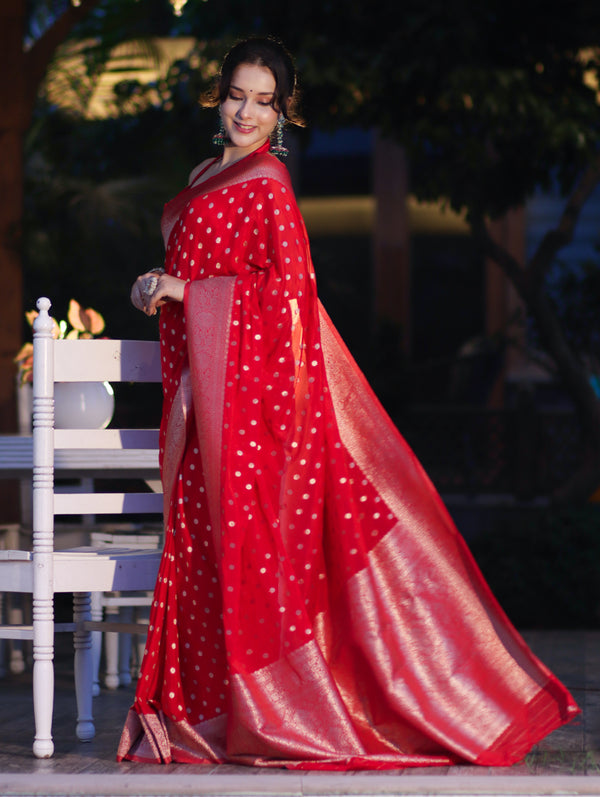 Banarasee Handwoven Chiffon Saree With Polka Dots Design & Border-Red