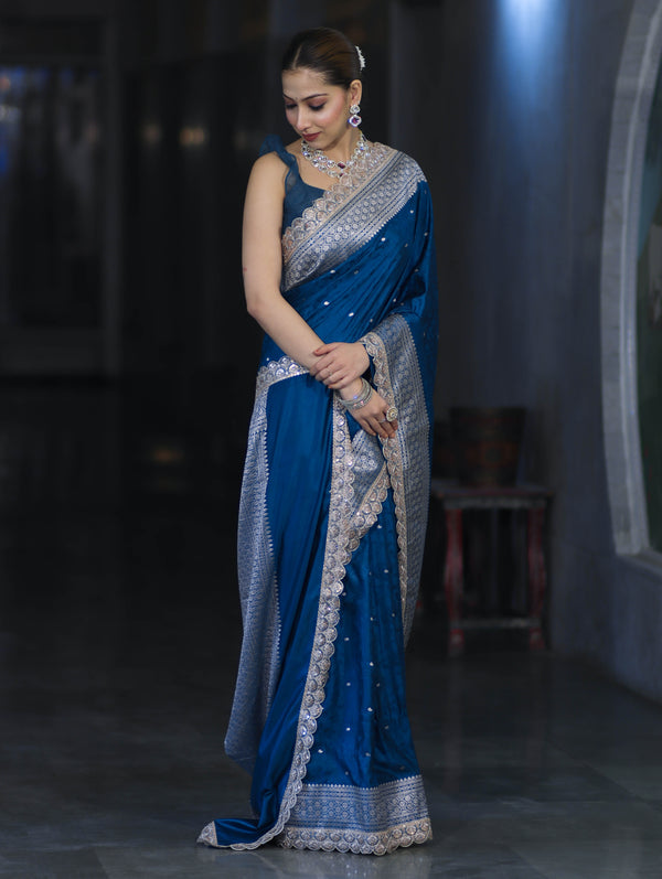 Banarasee Handloom Mashru Silk Saree With Buti Design Zari Border & Lace-Teal Blue