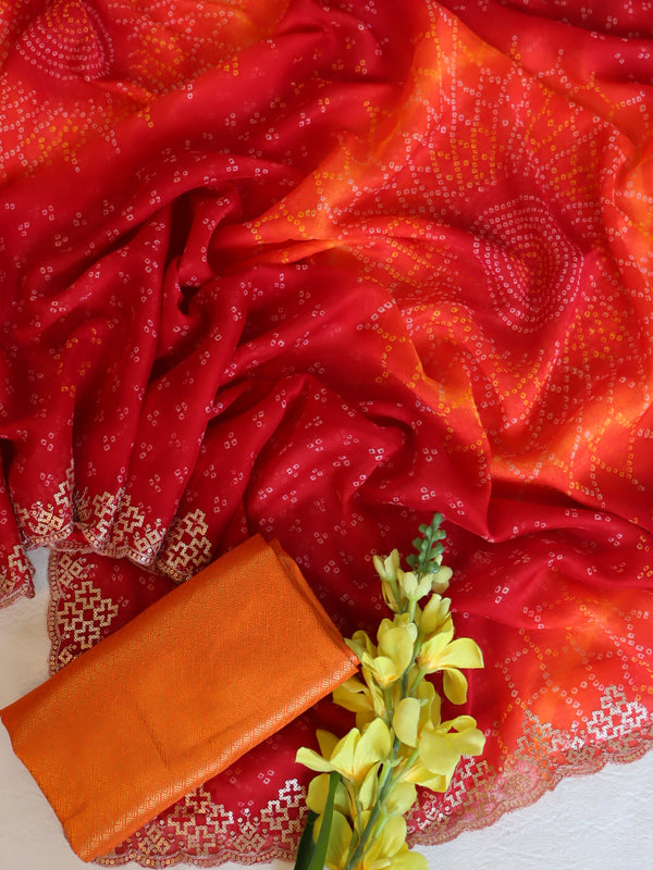 Banarasee Chiffon Bandhani Print Saree & Hand Work With Contrast Blouse-Red