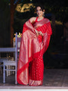 Banarasee Handwoven Chiffon Saree With Polka Dots Design & Border-Red