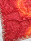 Banarasee Chiffon Bandhani Print Saree & Hand Work With Contrast Blouse-Red