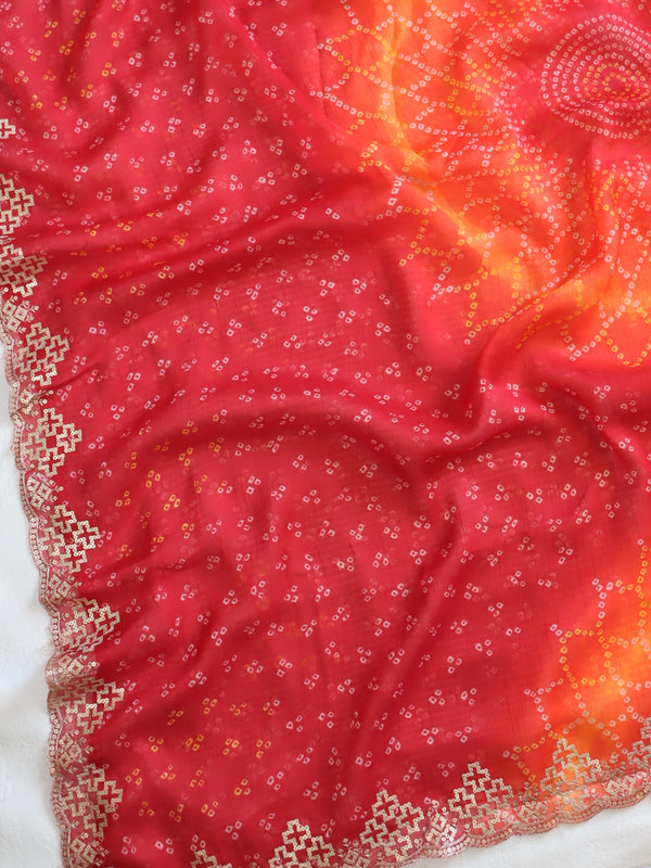 Banarasee Chiffon Bandhani Print Saree & Hand Work With Contrast Blouse-Red