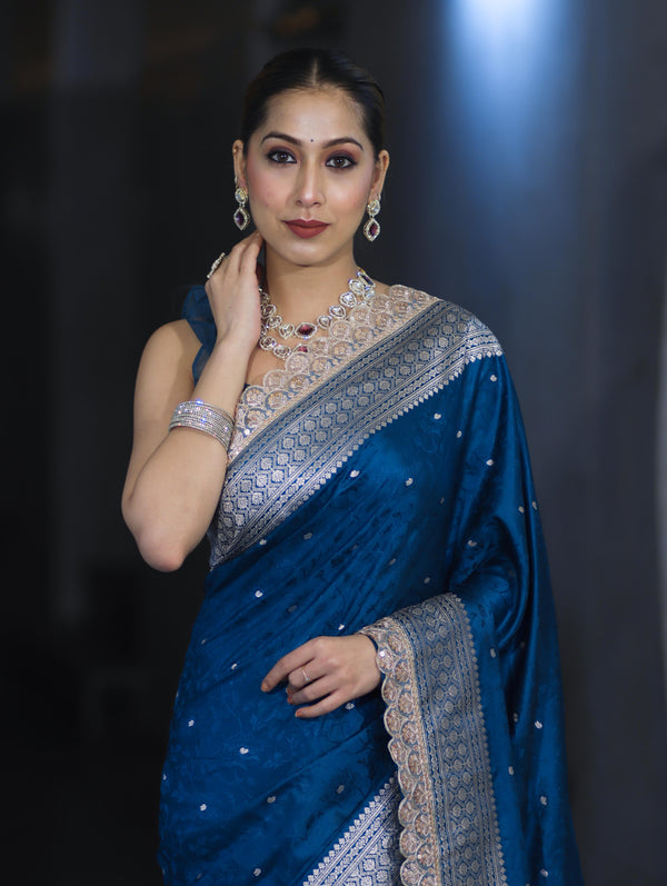 Banarasee Handloom Mashru Silk Saree With Buti Design Zari Border & Lace-Teal Blue