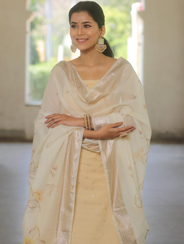 Banarasee Lurex Cotton Zari Work Salwar Kameez Fabric With Hand Painted Dupatta-Beige