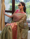 Banarasee Handloom Tissue Saree With Broad Contrast Border-Green & Pink