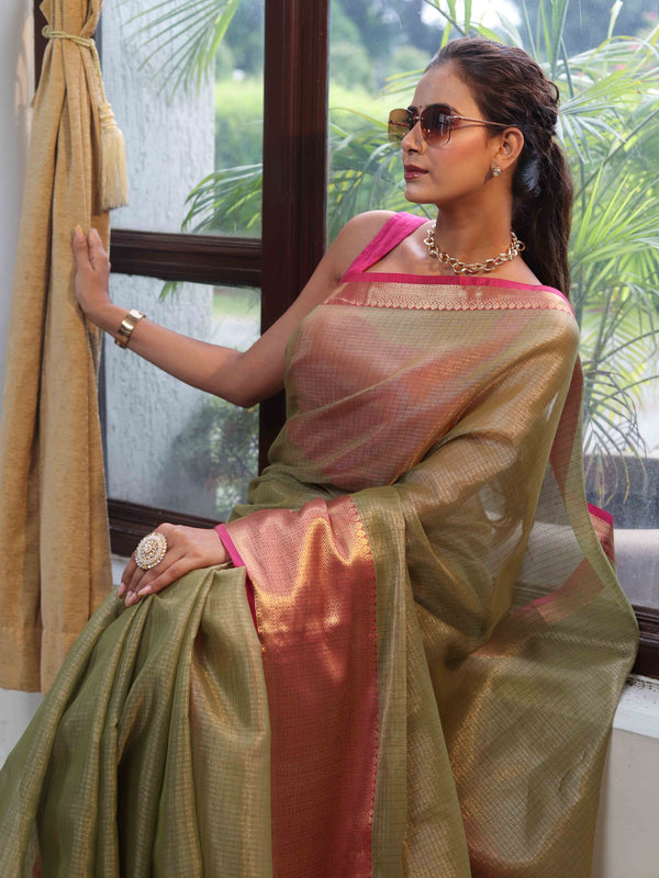 Banarasee Handloom Tissue Saree With Broad Contrast Border-Green & Pink