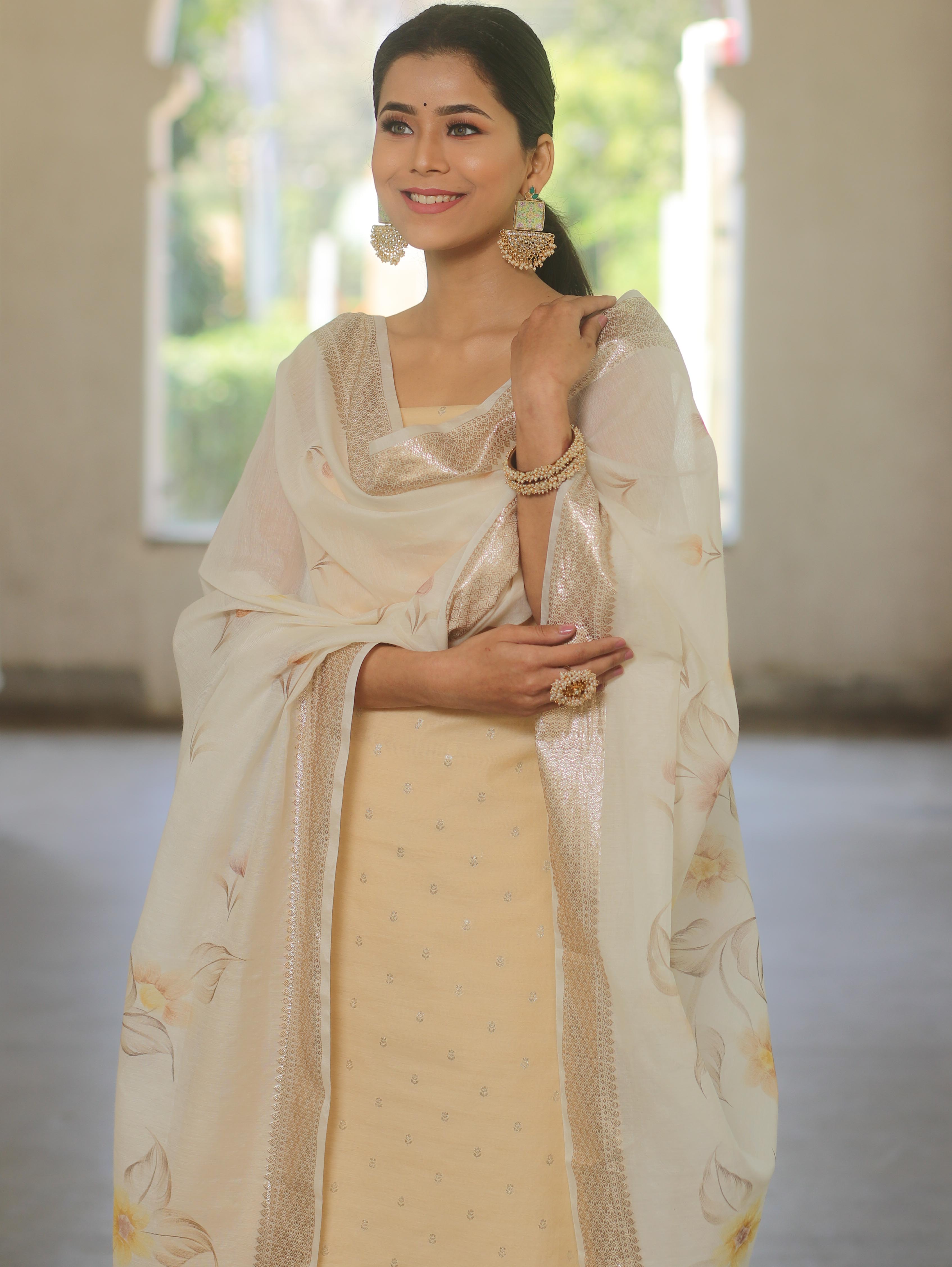 Banarasee Lurex Cotton Zari Work Salwar Kameez Fabric With Hand Painted Dupatta-Beige