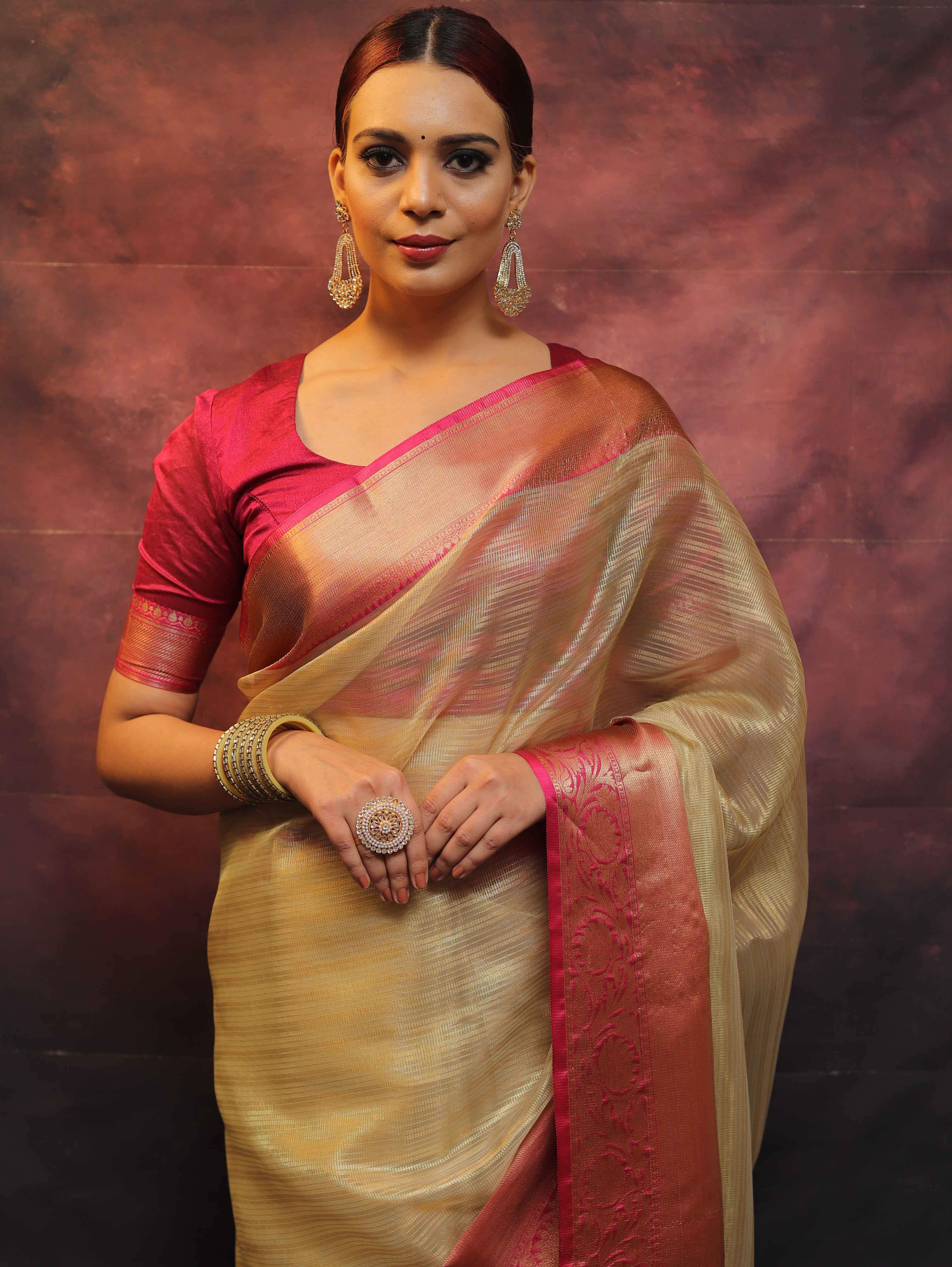 Banarasee Contrast Border Big Buta Tissue Saree-Gold & Pink