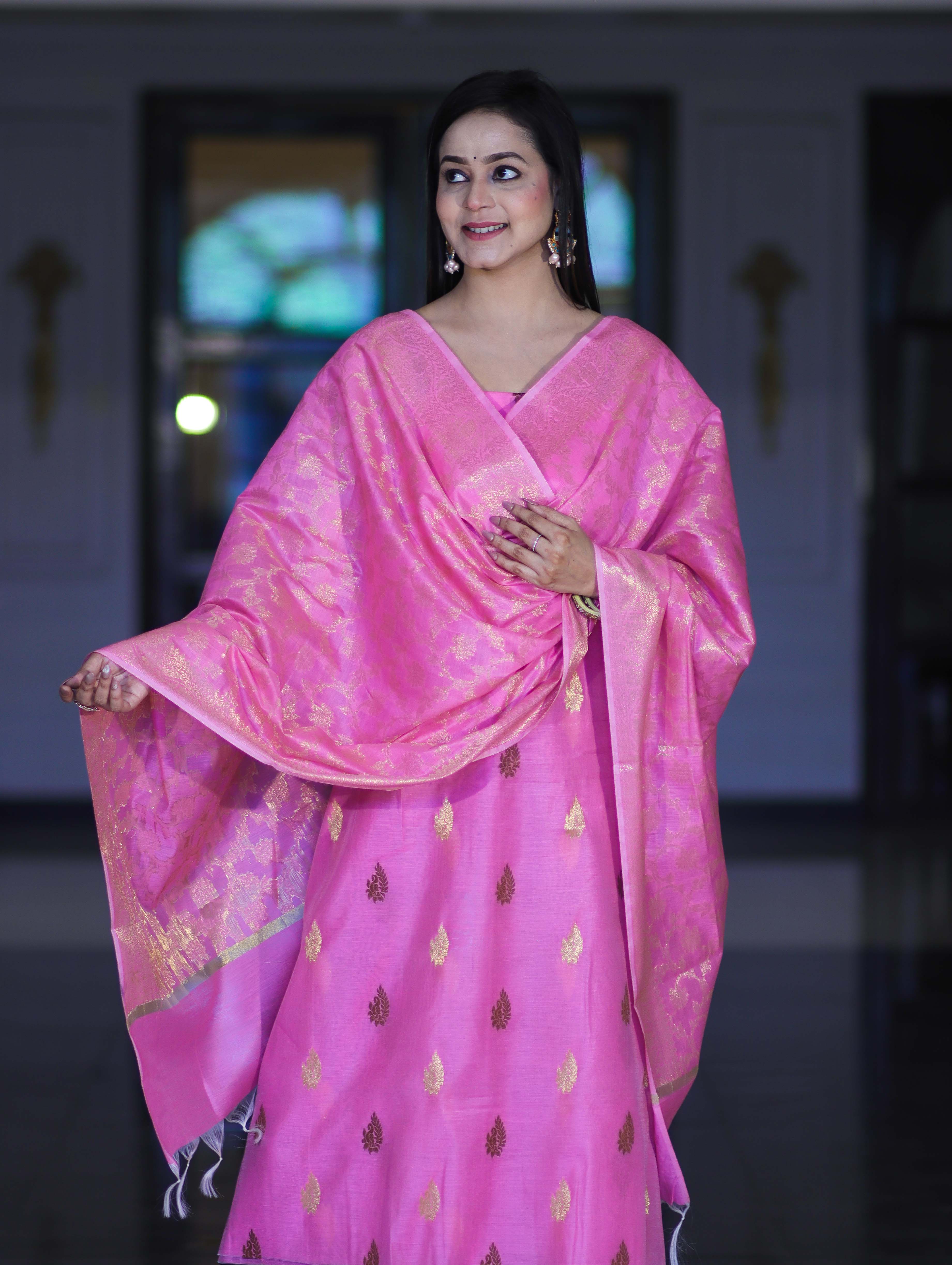 Banarasee Cotton Silk Salwar Kameez Fabric With Zari Jaal Design Dupatta Set-Pink