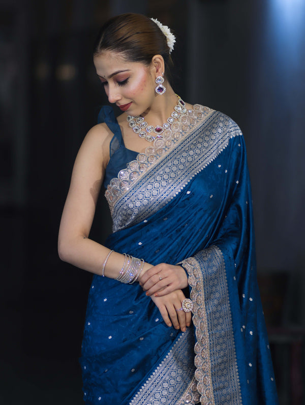 Banarasee Handloom Mashru Silk Saree With Buti Design Zari Border & Lace-Teal Blue