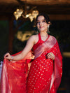 Banarasee Handwoven Chiffon Saree With Polka Dots Design & Border-Red